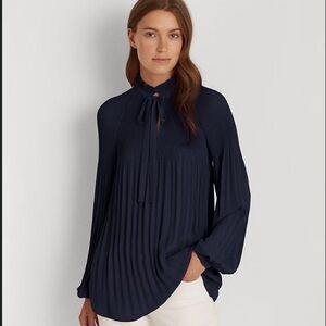 Lauren Ralph Lauren Georgette Navy Self Tie Neck Pleated Long Sleeve Blouse